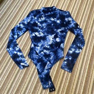 Mesh, blue tie dye, turtleneck bodysuit